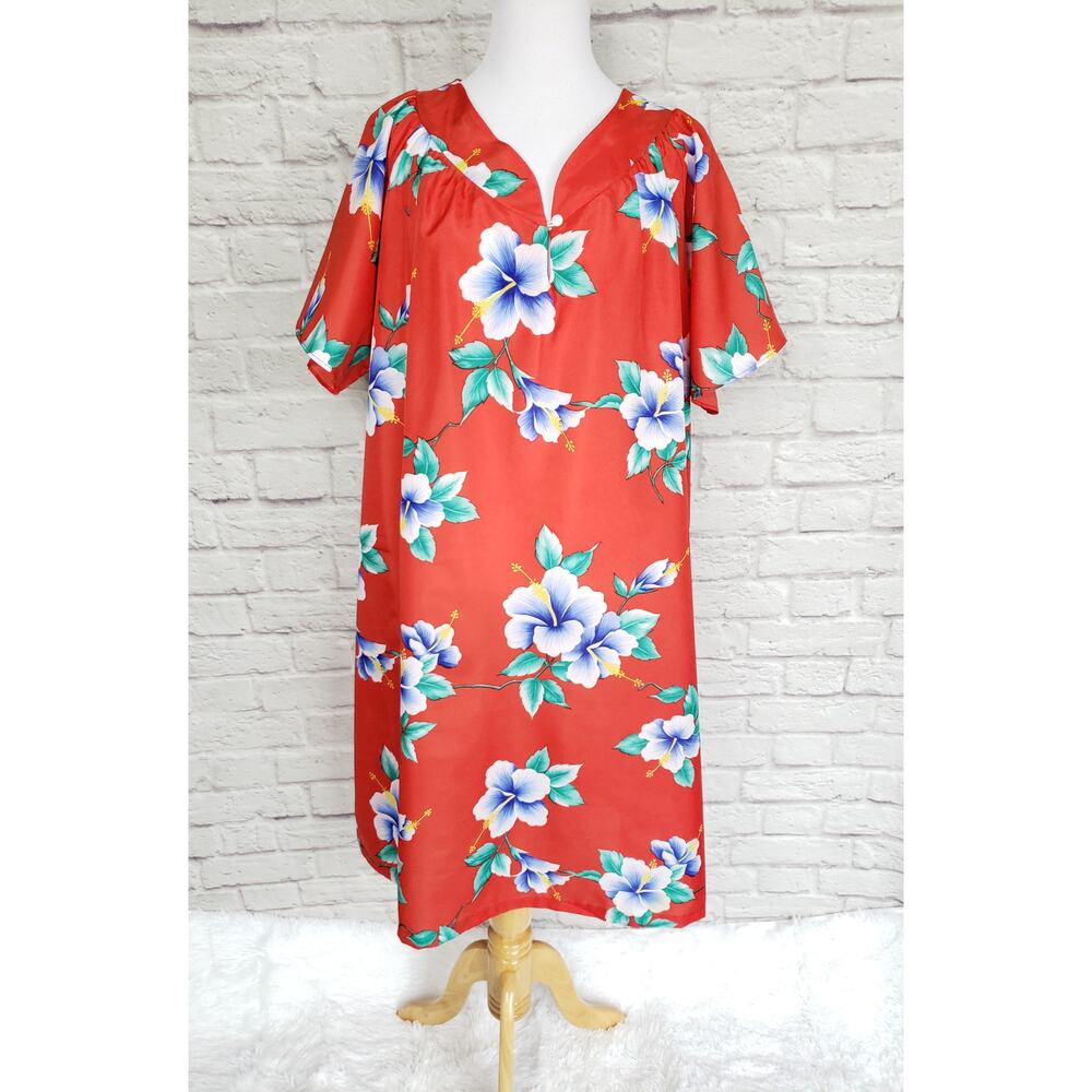 Vintage Red Blue Green Floral Hawaiian MuMu MuuMuu Dress V-neck Short Sleeve Lg